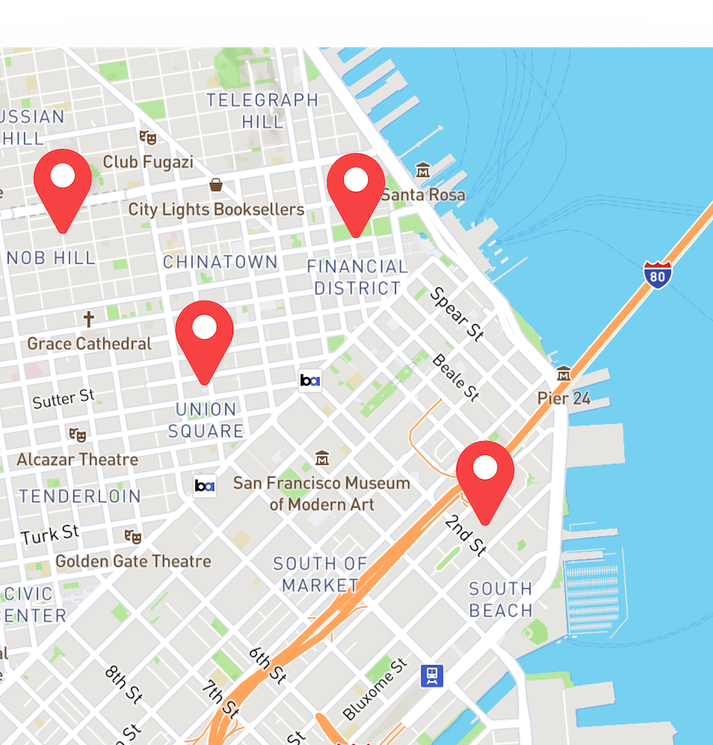 Map UI with location pins